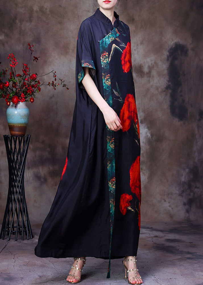 Floral Print Mandarin Collar Asymmetrical Wrap Short Sleeve Maxi Dress