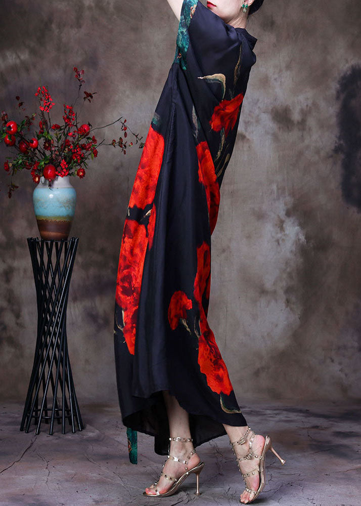 Floral Print Mandarin Collar Asymmetrical Wrap Short Sleeve Maxi Dress