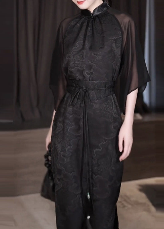 Jacquard Mandarin Collar Sheer Cape Sleeve Tie Waist Maxi Dress
