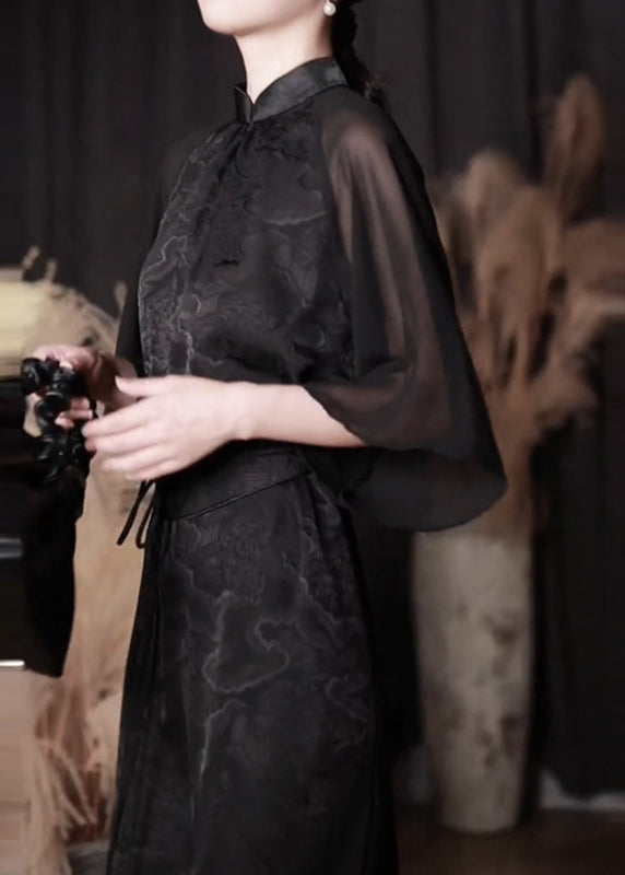 Jacquard Mandarin Collar Sheer Cape Sleeve Tie Waist Maxi Dress