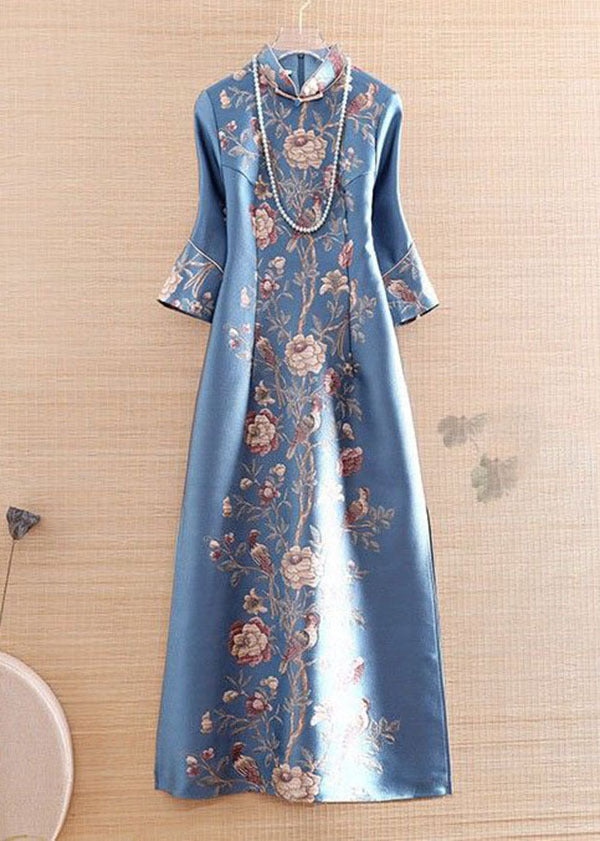 Mandarin Collar Bell Sleeve Floral Bird Print Side Slit Cheongsam Maxi Gown