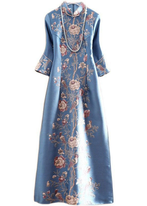 Mandarin Collar Bell Sleeve Floral Bird Print Side Slit Cheongsam Maxi Gown