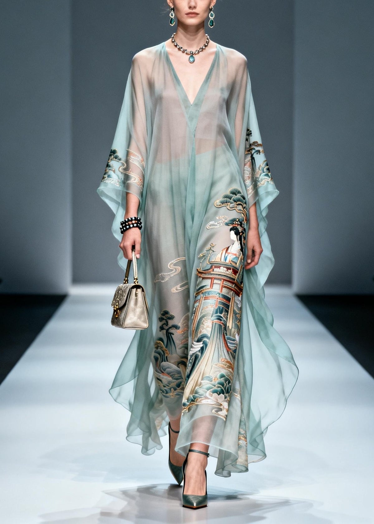 Chiffon Deep V-Neck Kaftan Sleeve Sheer Wide Leg Maxi Jumpsuit