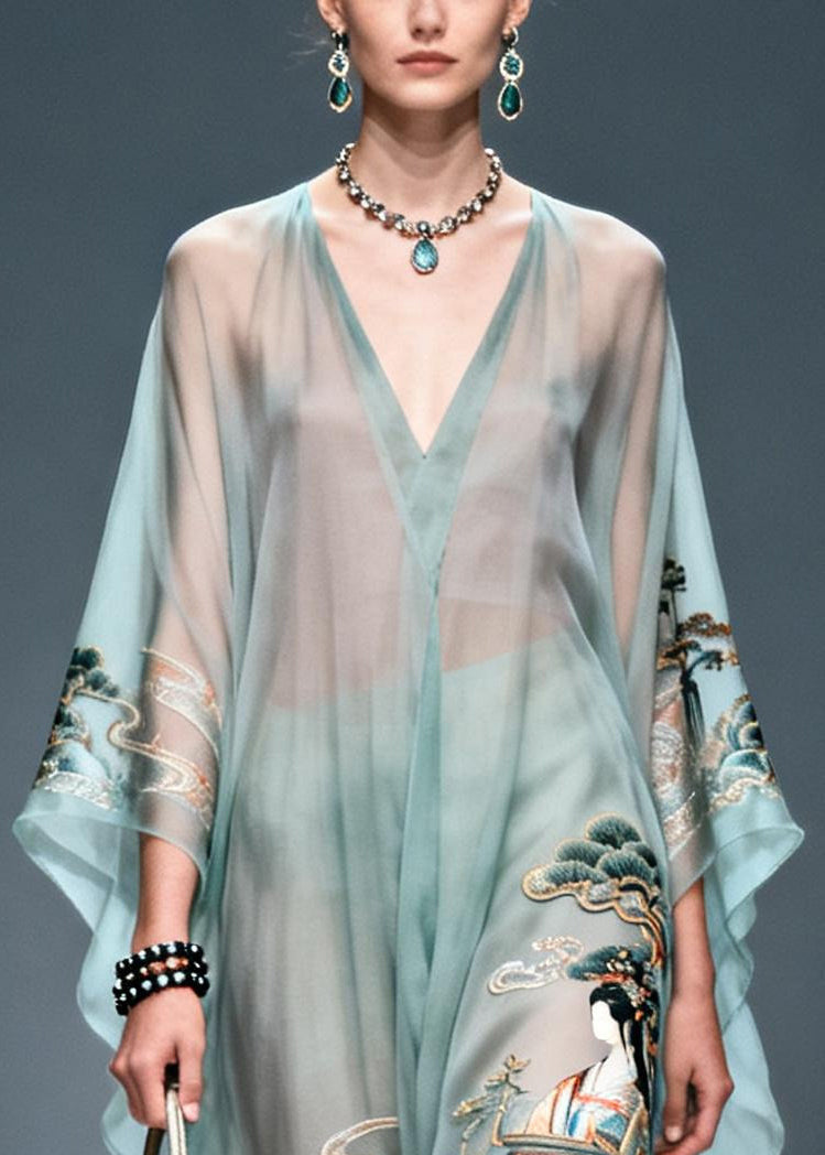 Chiffon Deep V-Neck Kaftan Sleeve Sheer Wide Leg Maxi Jumpsuit
