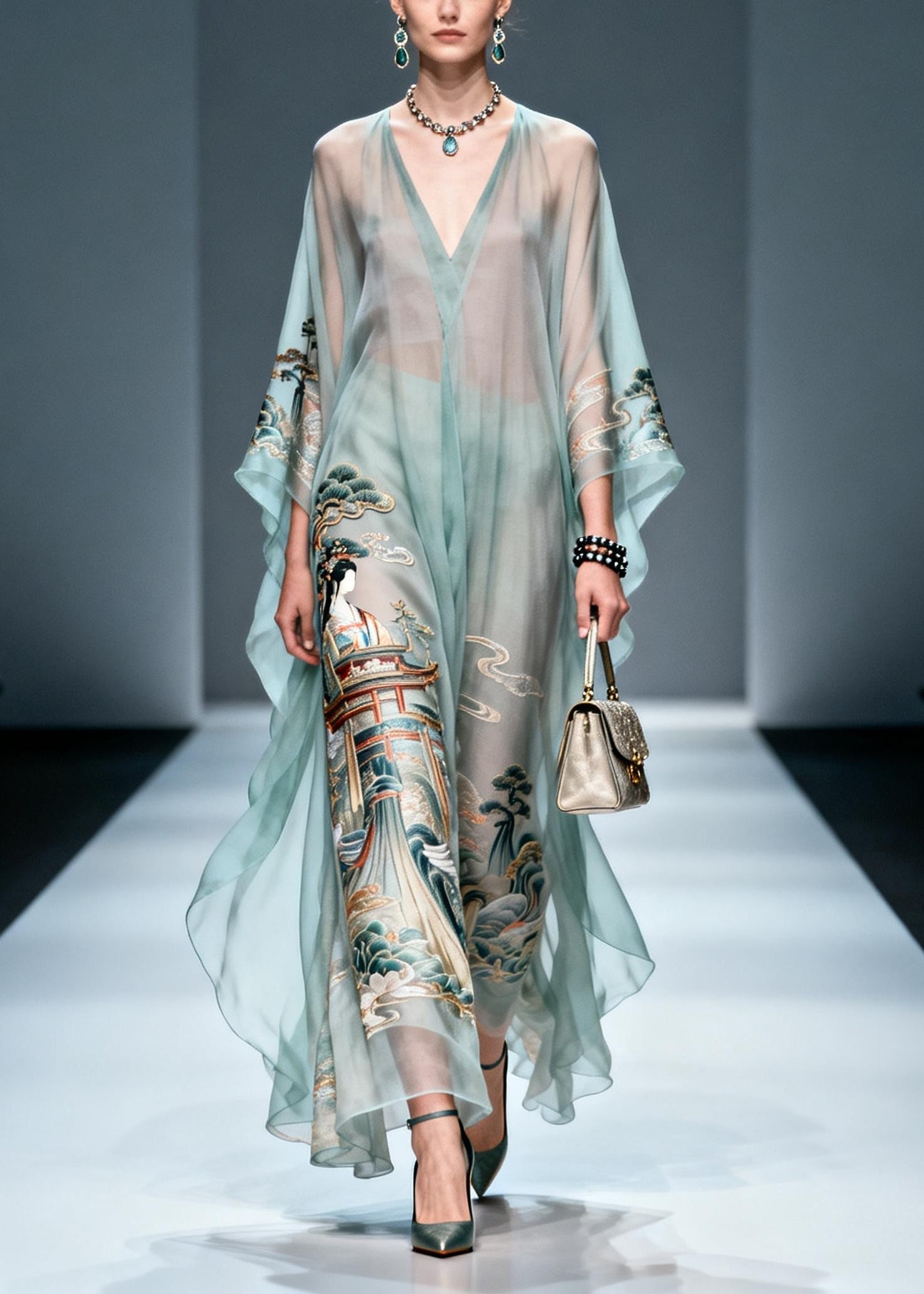 Chiffon Deep V-Neck Kaftan Sleeve Sheer Wide Leg Maxi Jumpsuit