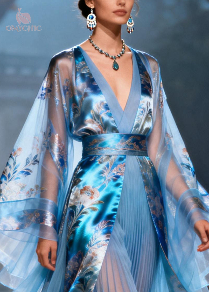 Deep V-Neck Floral Bell Sleeve Belted Pleated Chiffon Maxi Gown