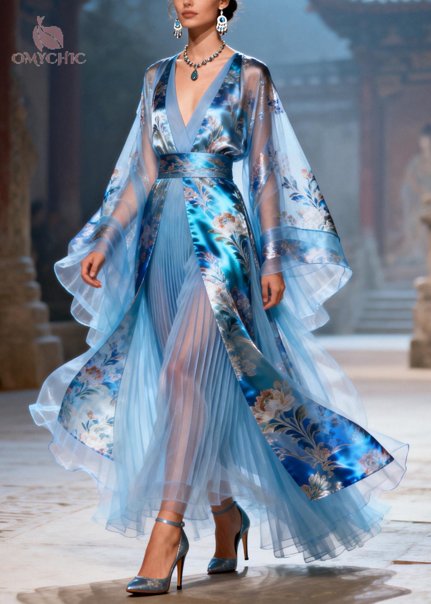 Deep V-Neck Floral Bell Sleeve Belted Pleated Chiffon Maxi Gown