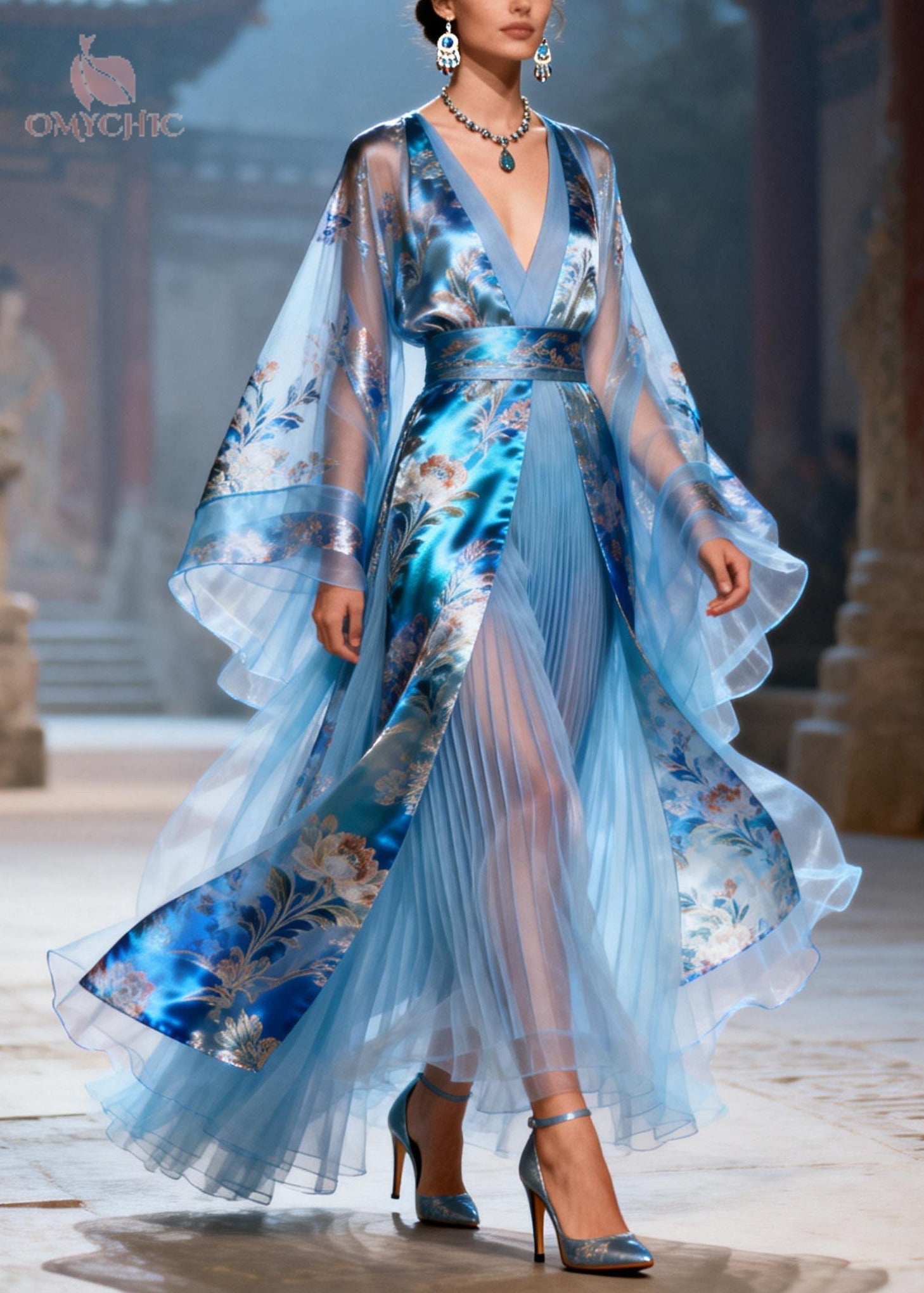 Deep V-Neck Floral Bell Sleeve Belted Pleated Chiffon Maxi Gown