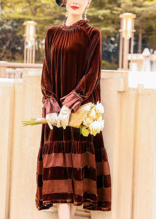 Velvet Ruffle Collar Floral Embroidery Cuff Tiered Sheer Panel Midi Dress