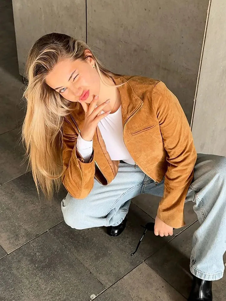 Brown Zipper Suede Leather Coat
