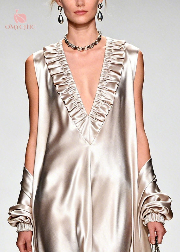 Satin Deep V-Neck Ruffle Long Sleeve Kaftan Maxi Dress