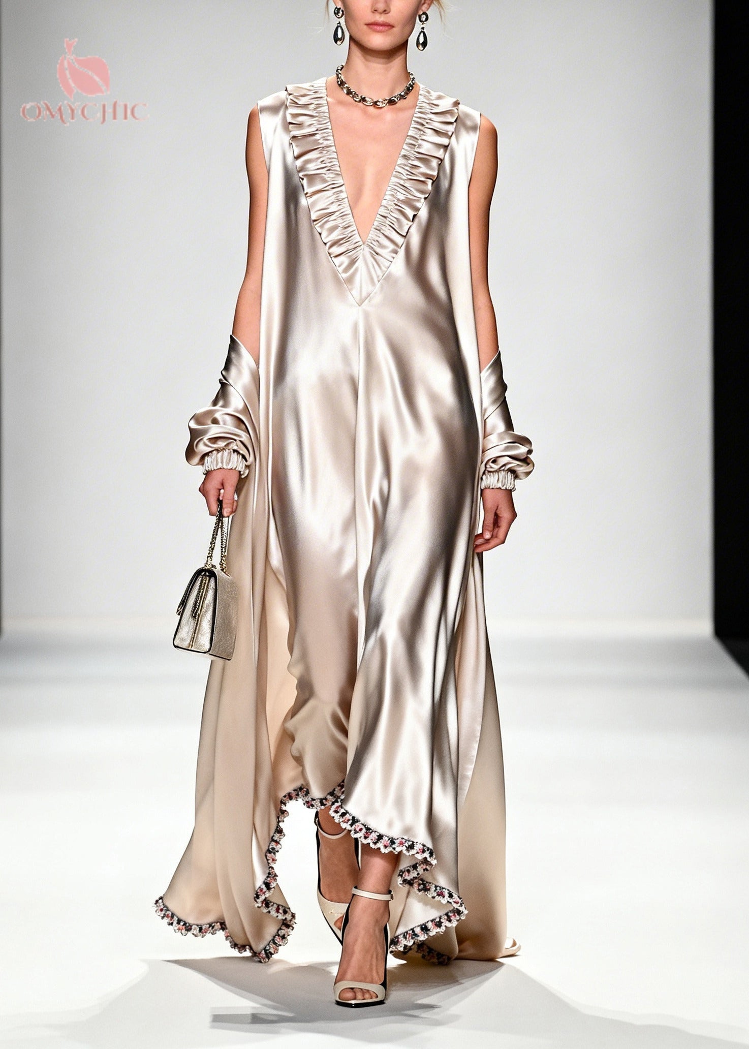Satin Deep V-Neck Ruffle Long Sleeve Kaftan Maxi Dress