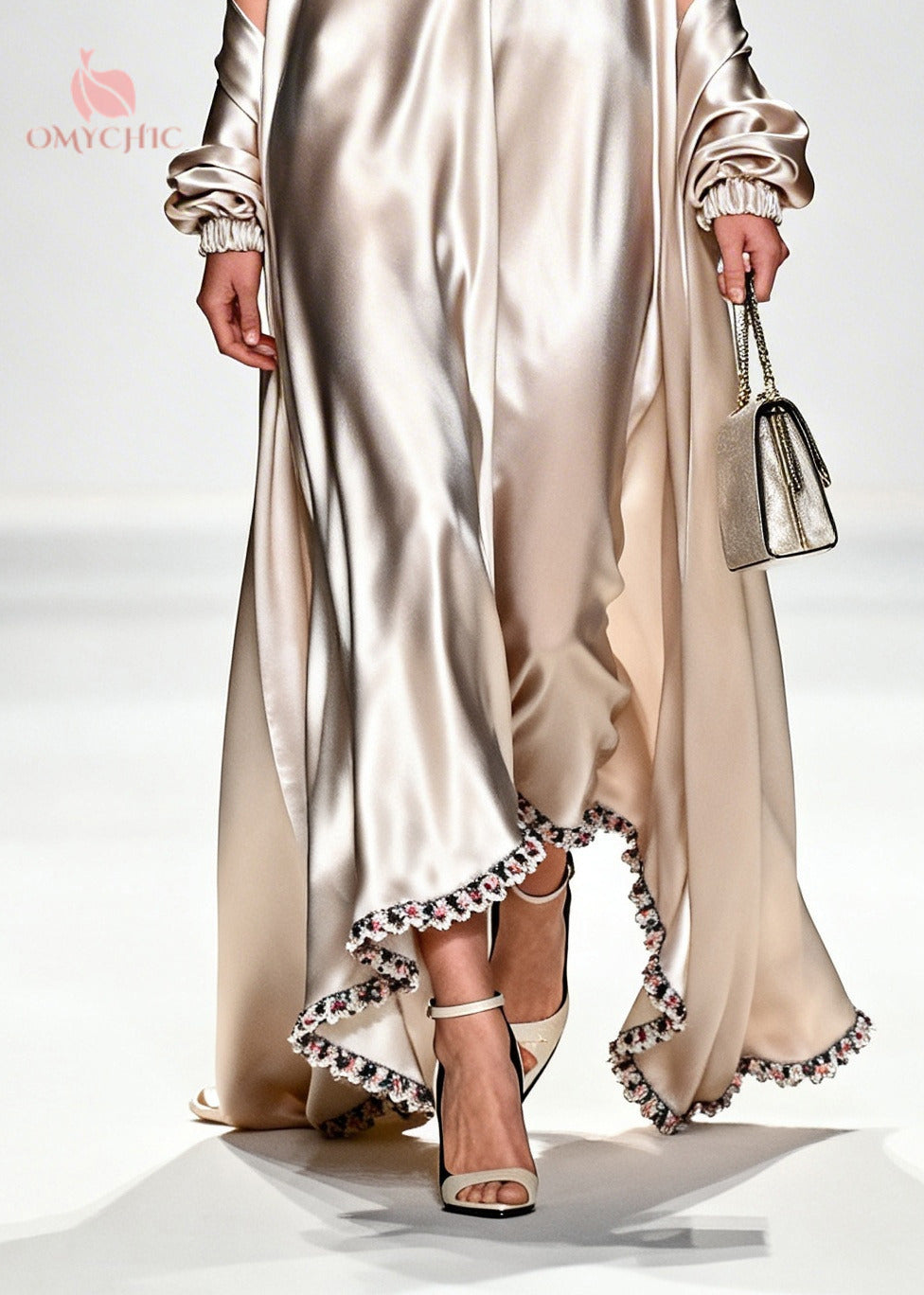 Satin Deep V-Neck Ruffle Long Sleeve Kaftan Maxi Dress