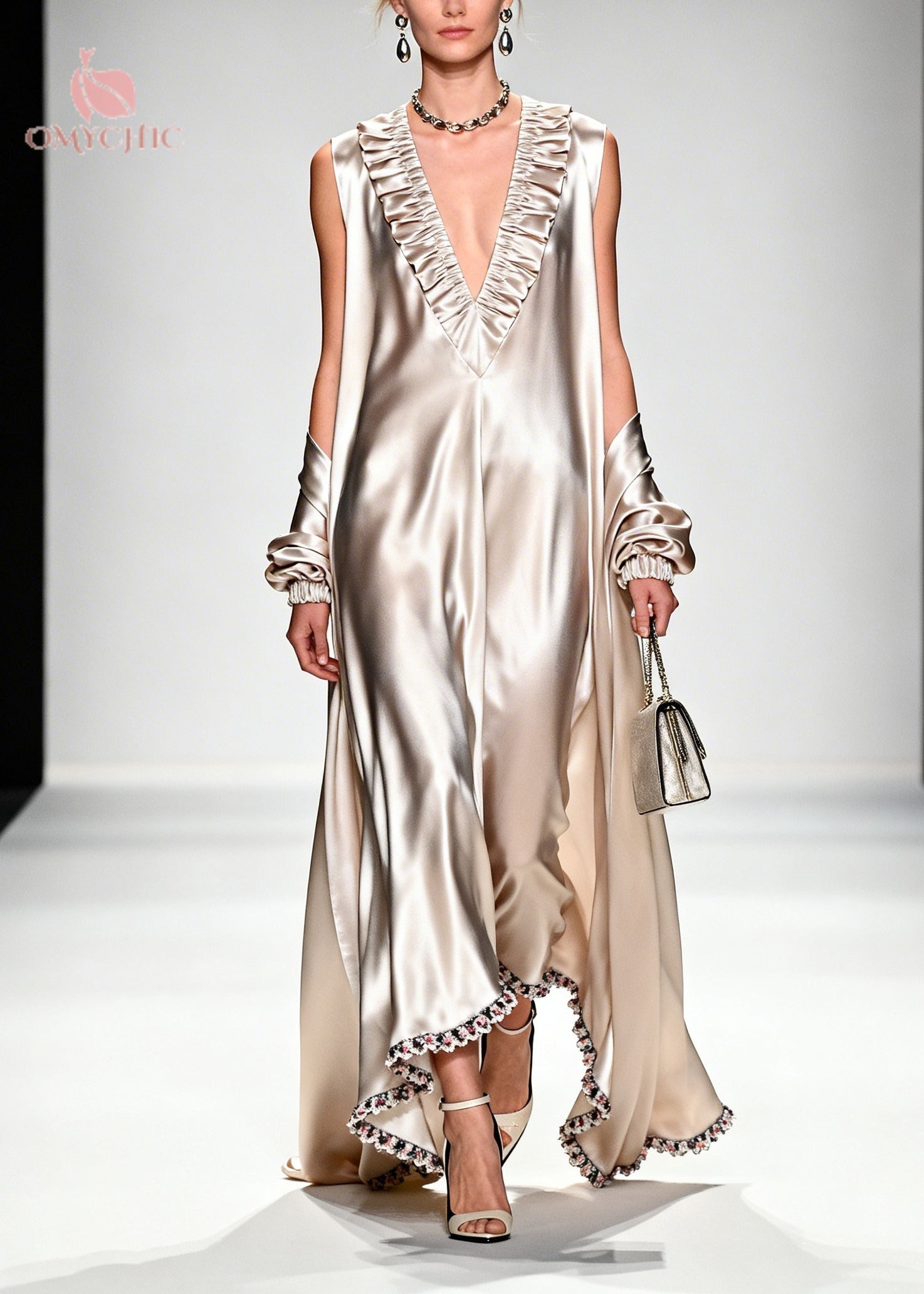 Satin Deep V-Neck Ruffle Long Sleeve Kaftan Maxi Dress