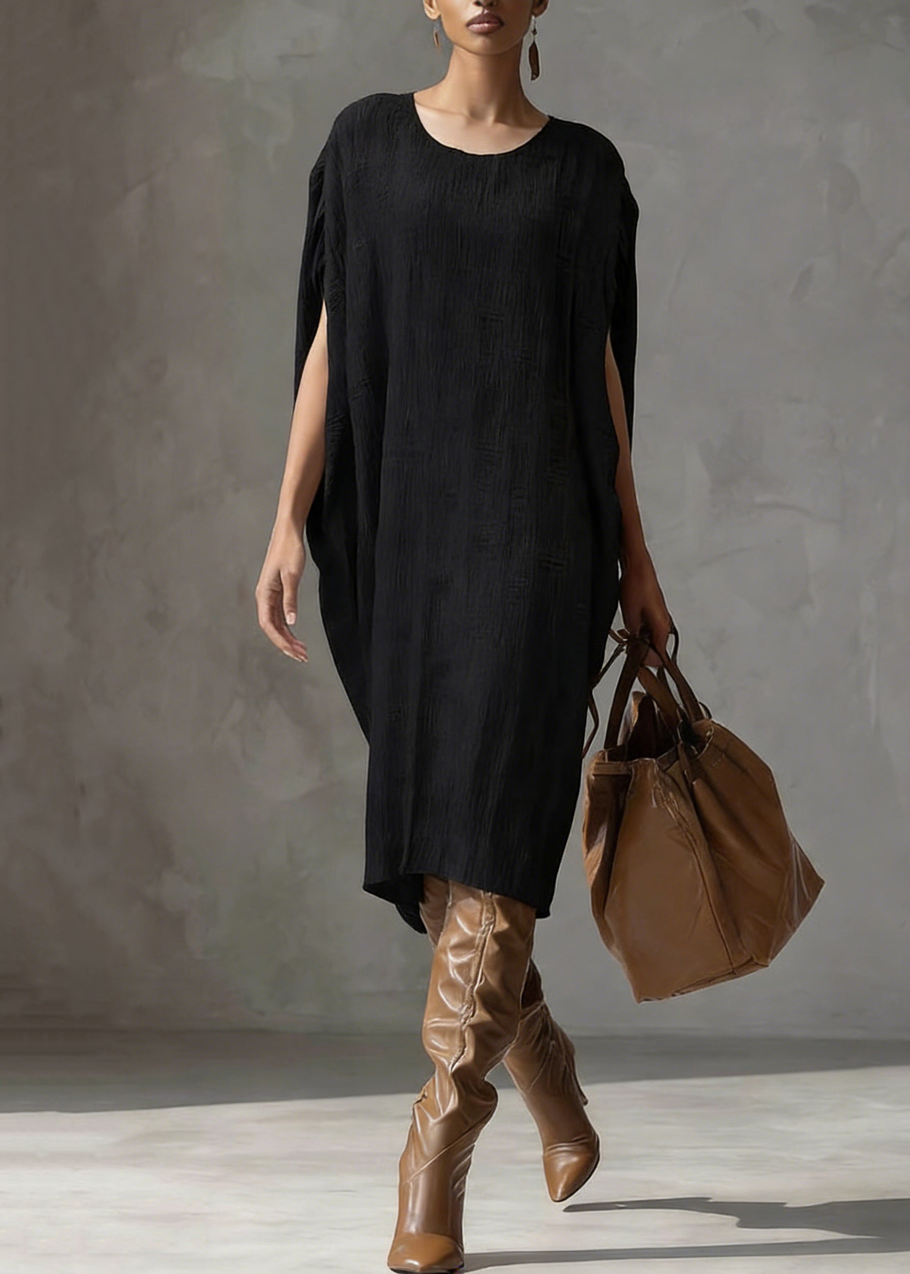 Textured Knit Scoop Neck Batwing Sleeve Oversized Cocoon Midi Dress