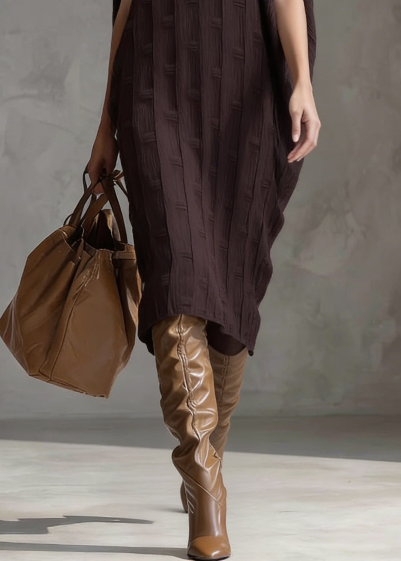 Textured Knit Scoop Neck Batwing Sleeve Oversized Cocoon Midi Dress