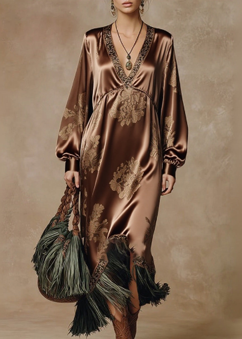 Floral Jacquard Deep V-Neck Bishop Sleeve Tassel Fringe Hem Maxi Gown