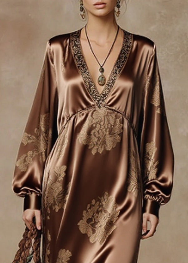 Floral Jacquard Deep V-Neck Bishop Sleeve Tassel Fringe Hem Maxi Gown