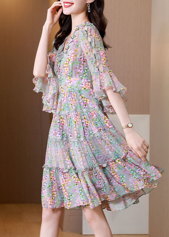 Floral Print Deep V-Neck Ruffle Trim Bell Sleeve Lace Tiered Mini Dress