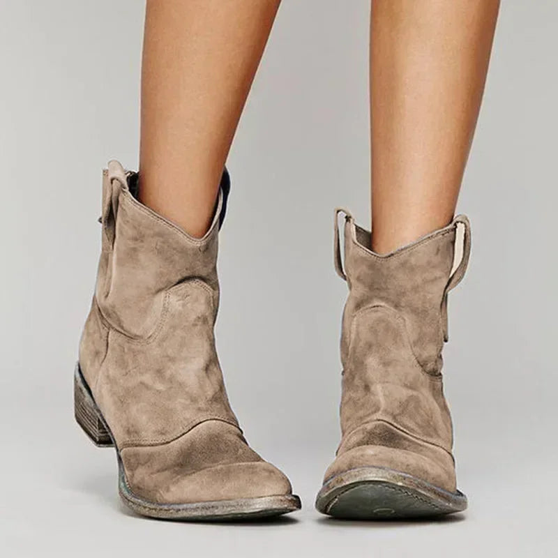 Distressed Suede Look Western Ankle Boots