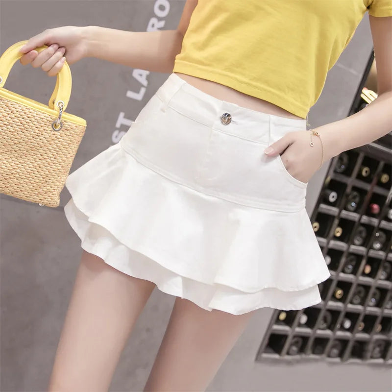 Denim High Waist Tiered Ruffle Mini Skirt