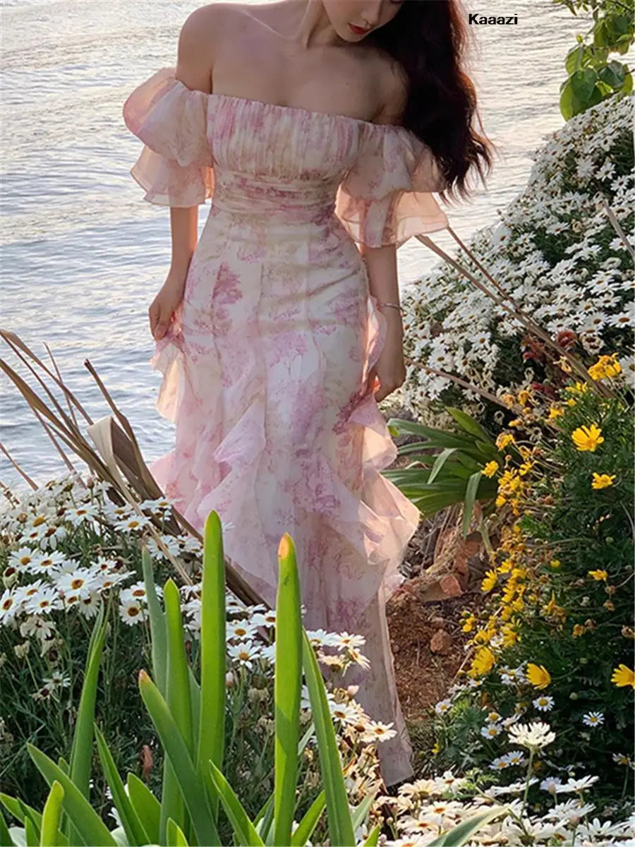 Floral Off Shoulder Ruffle Sleeve Tiered Chiffon Maxi Dress