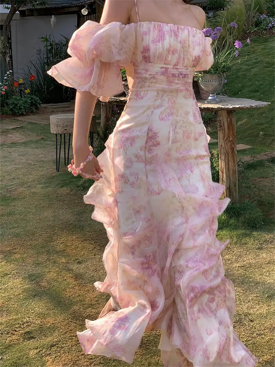 Floral Off Shoulder Ruffle Sleeve Tiered Chiffon Maxi Dress