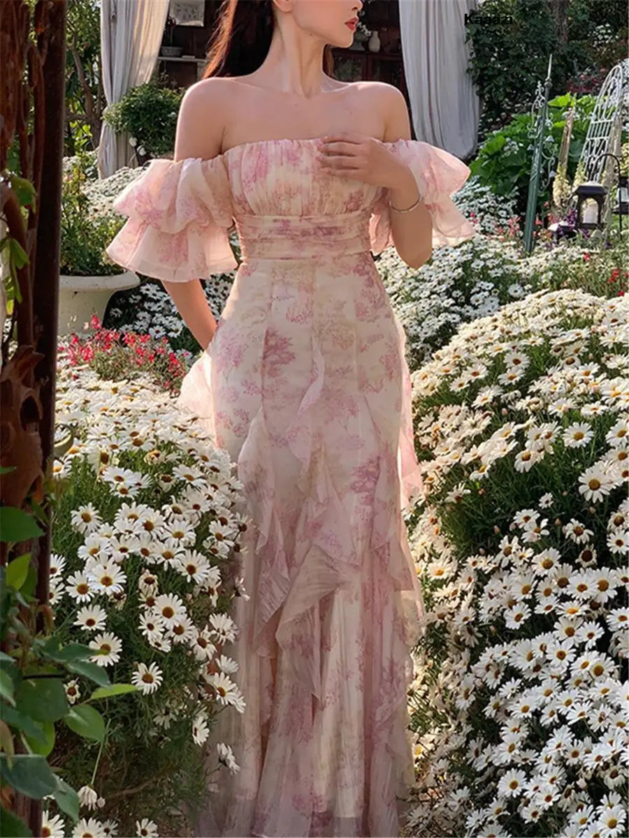 Floral Off Shoulder Ruffle Sleeve Tiered Chiffon Maxi Dress