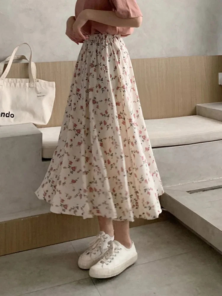 Vintage Floral Print Aline Pleated Streetwear Drawstring Midi Skirt