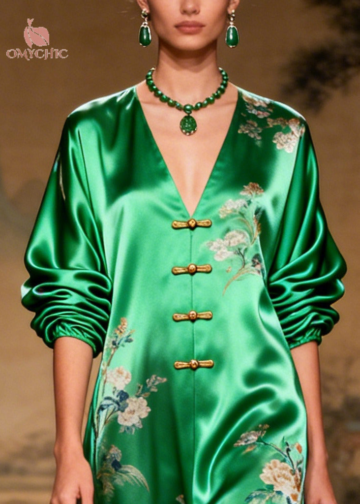 Floral Print Deep V-Neck Frog Toggle Balloon Sleeve Palazzo Wide Leg Jumpsuit
