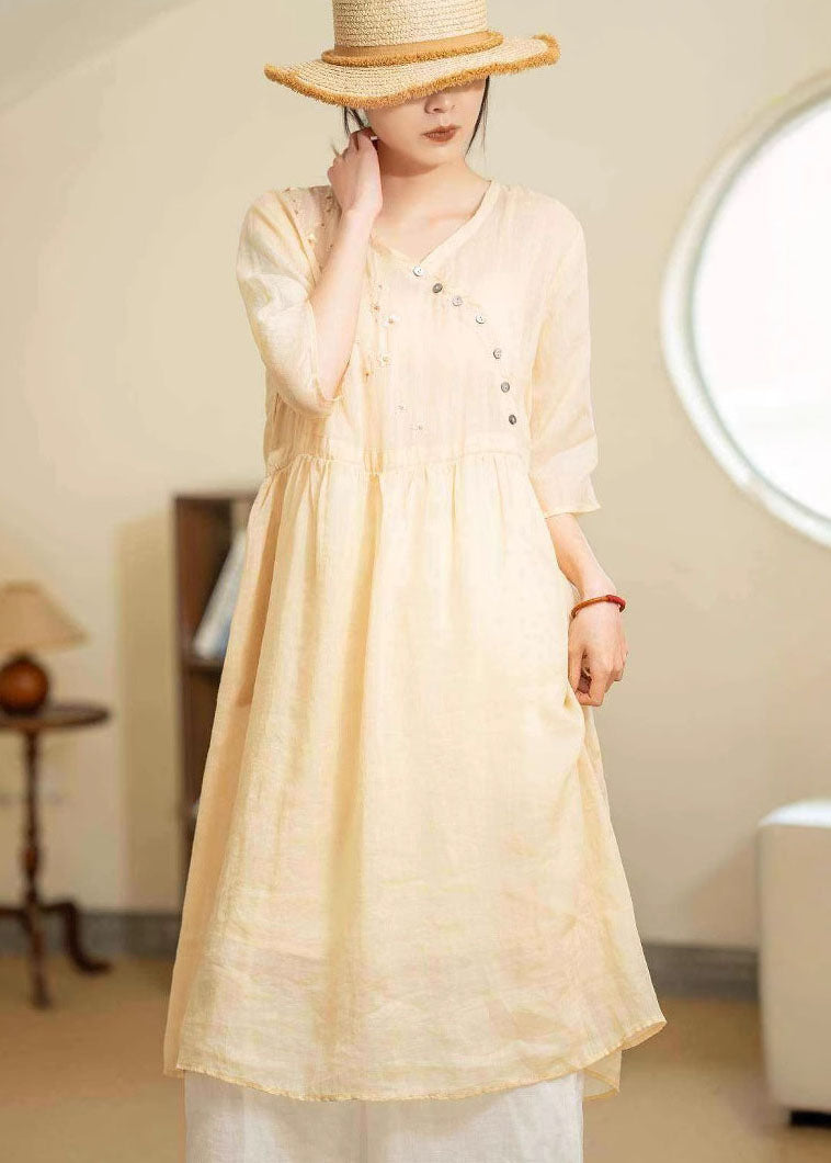 Embroidered Floral Asymmetrical Button Three Quarter Sleeve Gathered Waist Midi Dress