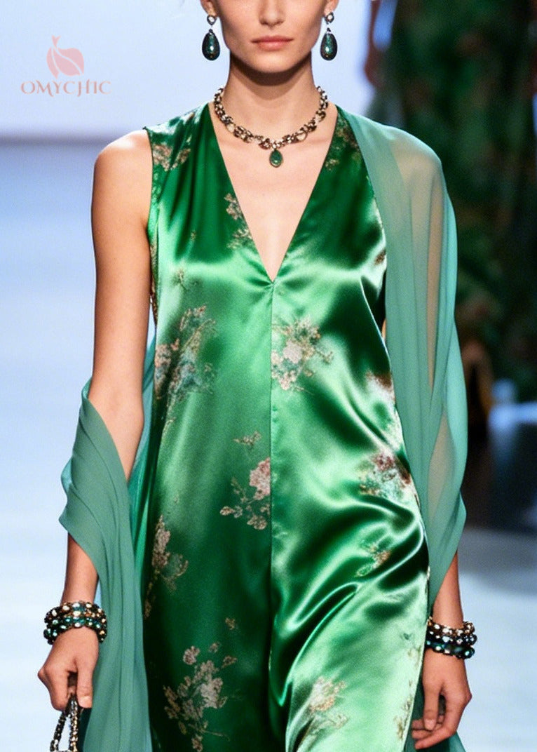 Deep V-Neck Sleeveless Floral Satin Draped Wide Leg Jumpsuit