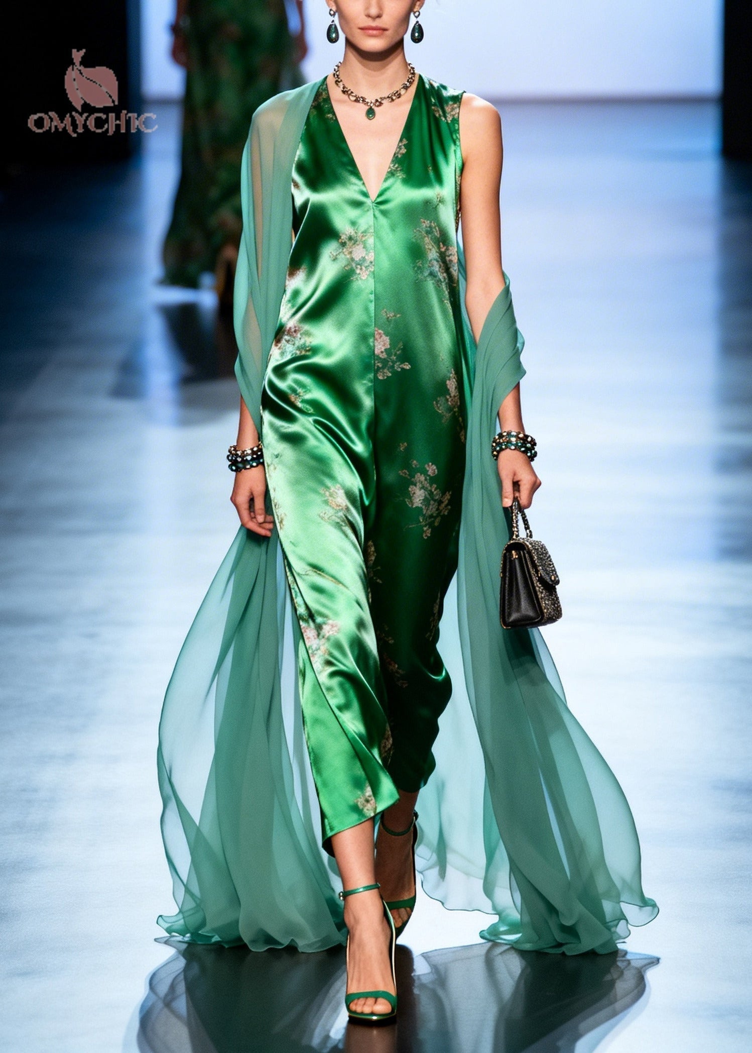 Deep V-Neck Sleeveless Floral Satin Draped Wide Leg Jumpsuit