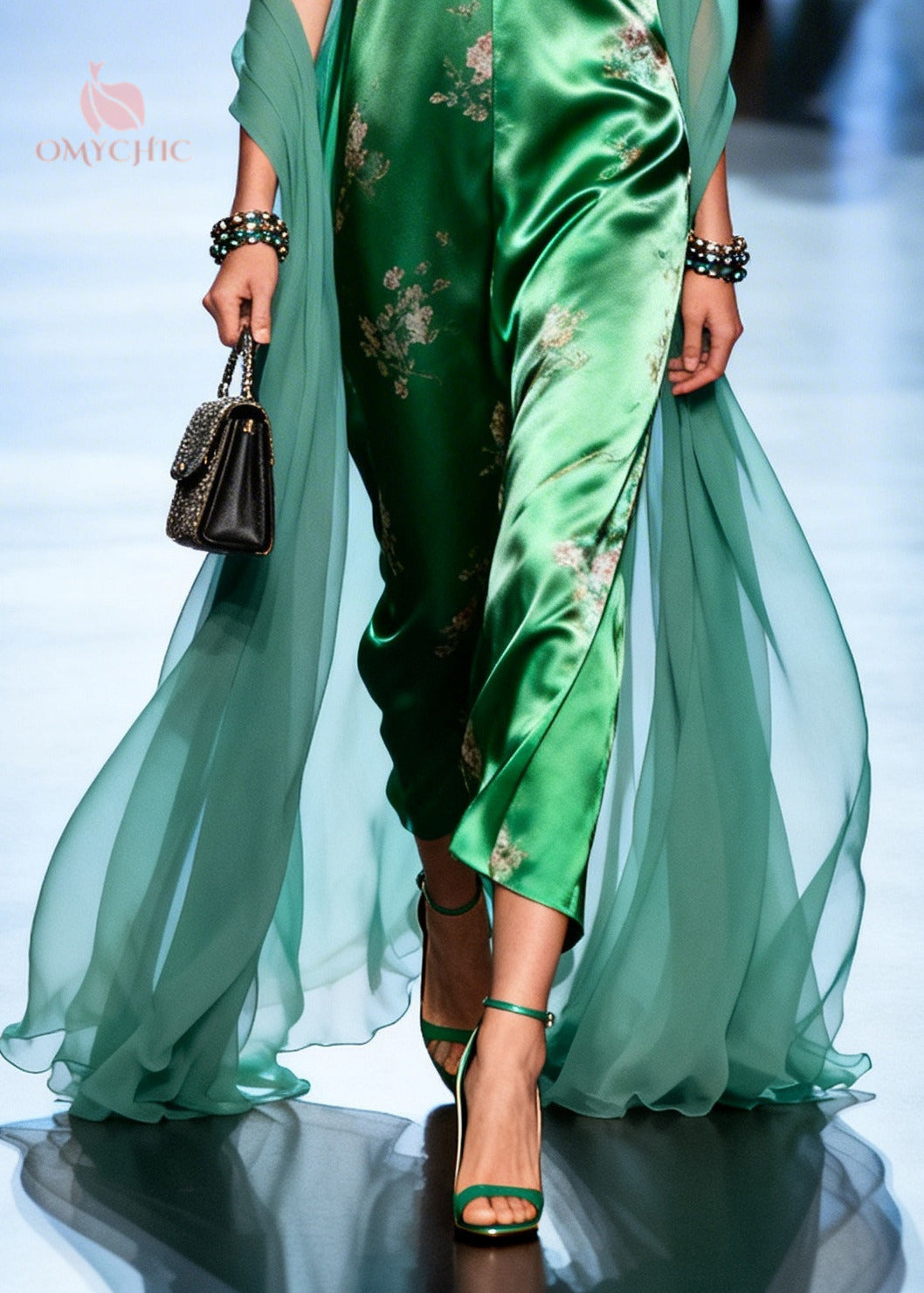 Deep V-Neck Sleeveless Floral Satin Draped Wide Leg Jumpsuit