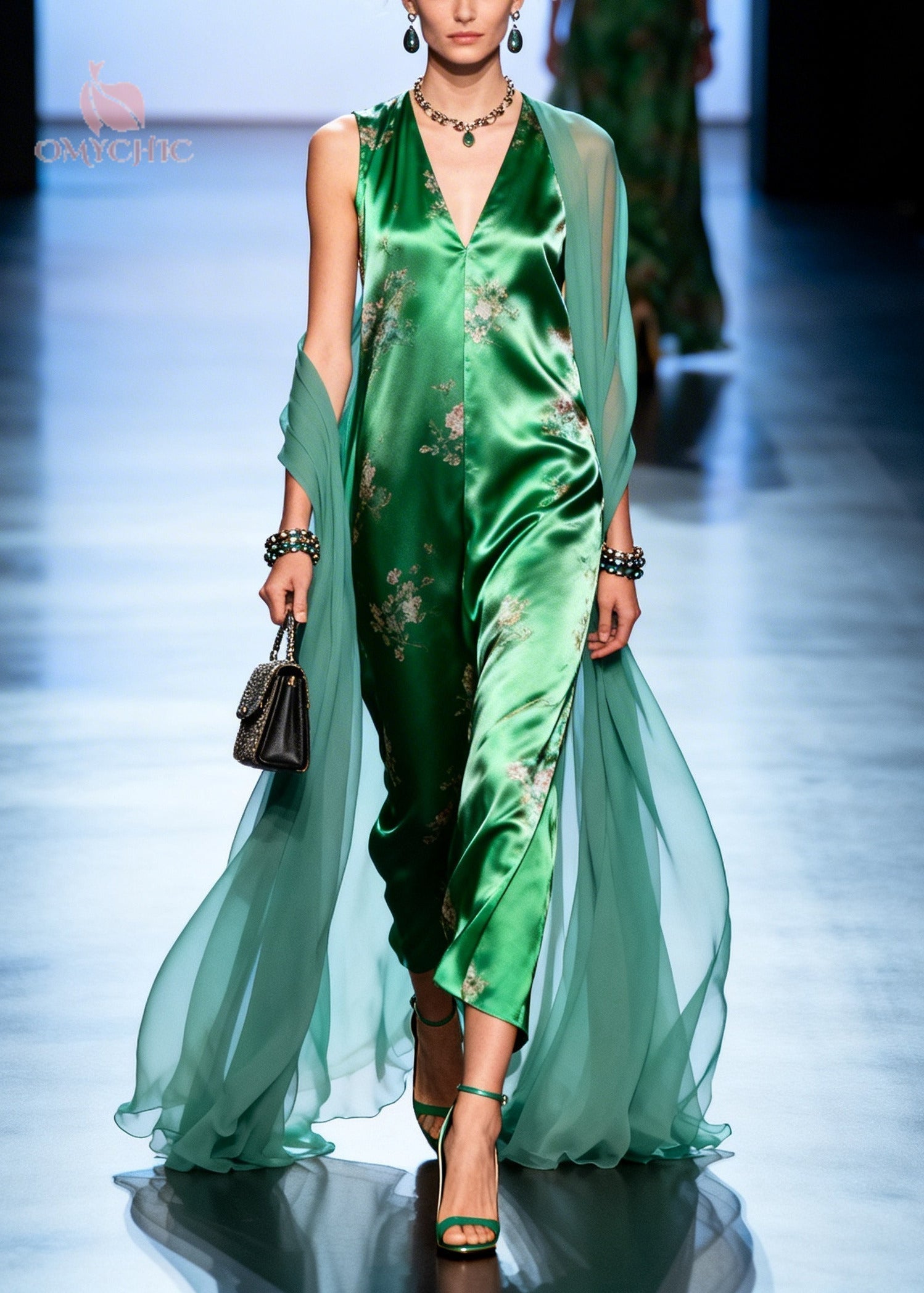 Deep V-Neck Sleeveless Floral Satin Draped Wide Leg Jumpsuit