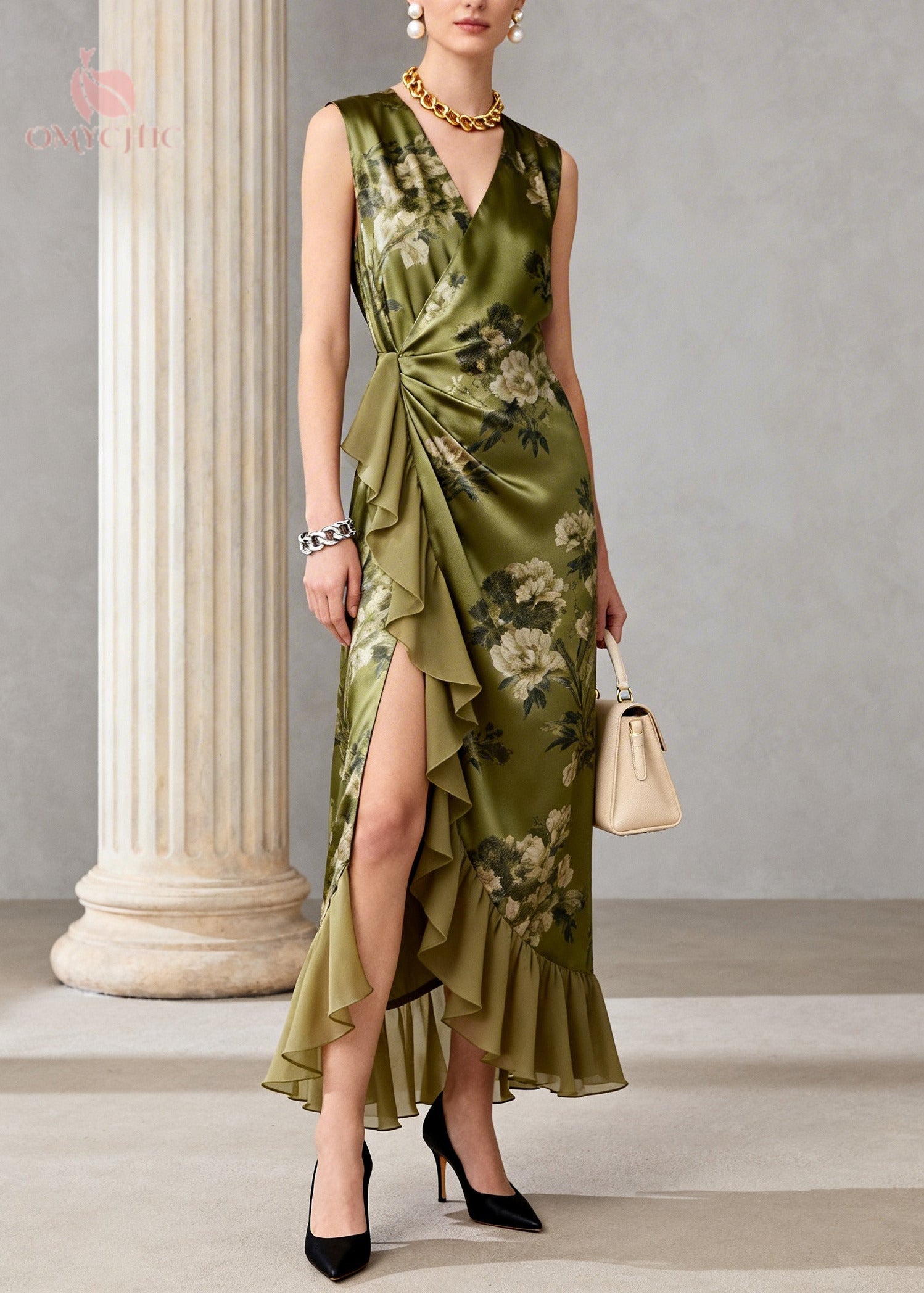 Vintage Green Ruffled Print Chiffon Long Dress Sleeveless - View 3