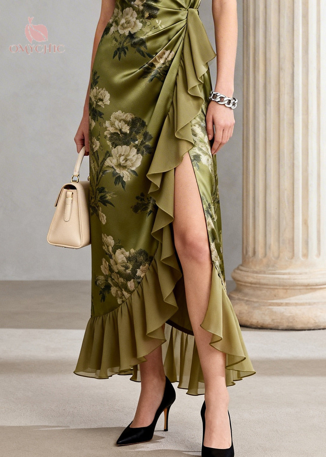 Vintage Green Ruffled Print Chiffon Long Dress Sleeveless - View 4
