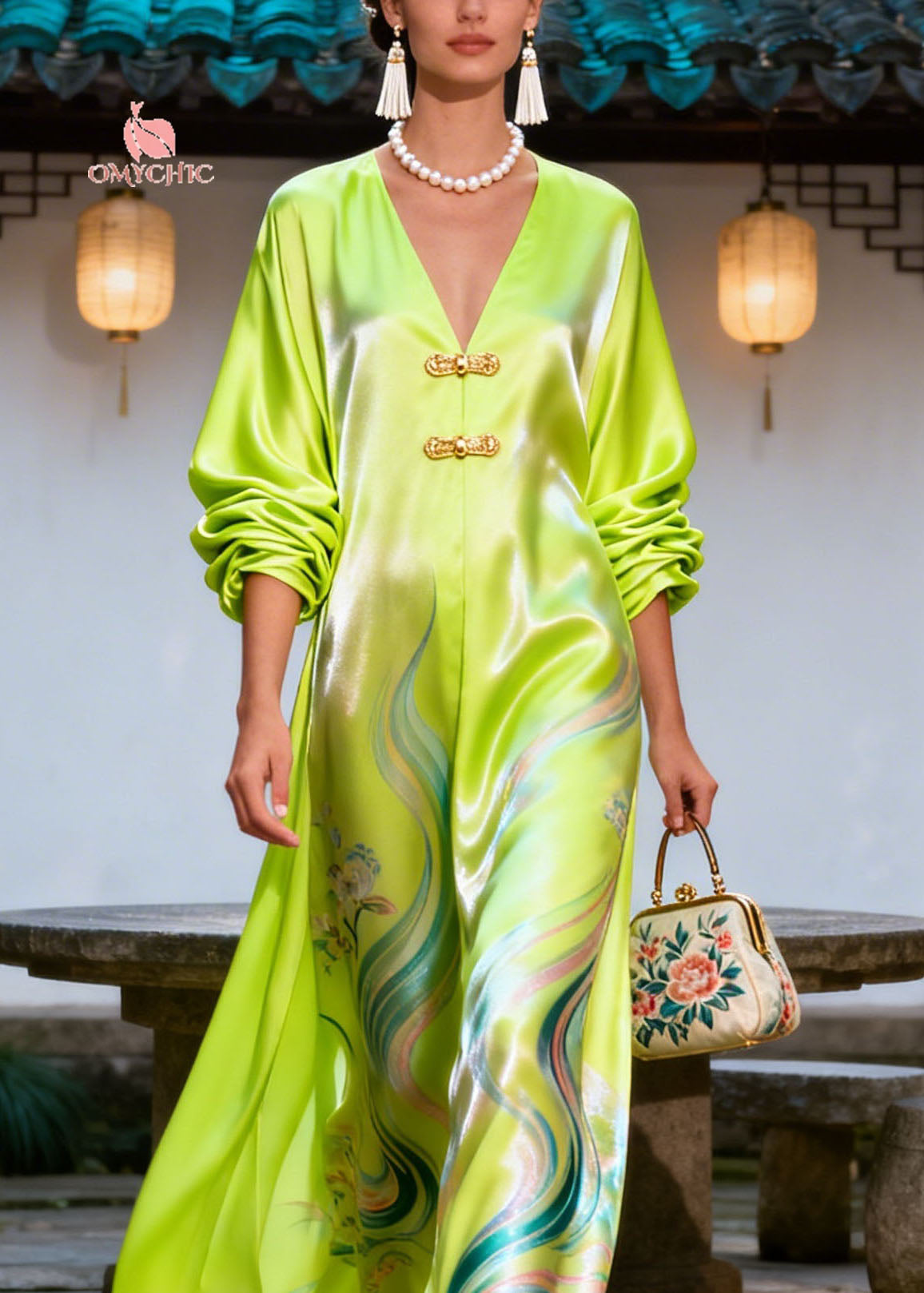 Satin Swirl Floral Print Deep V-Neck Frog Closure Blouson Sleeve Wide Leg Jumpsuit
