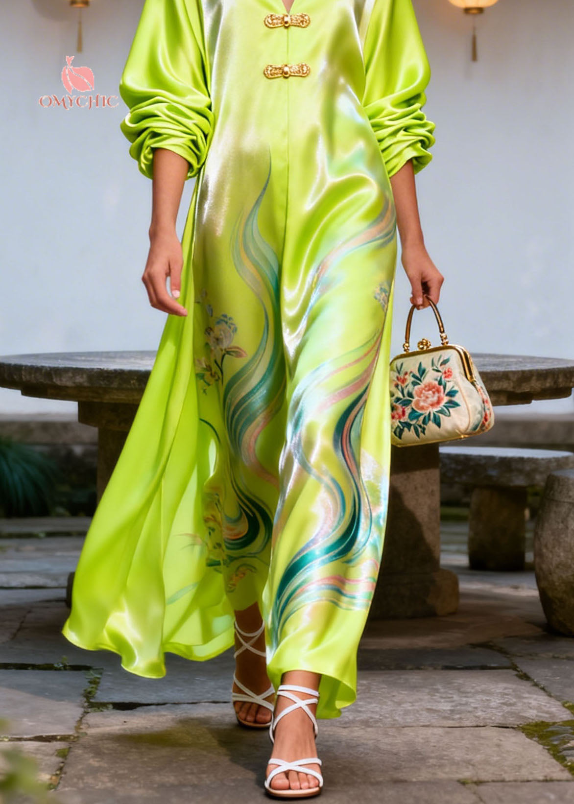 Satin Swirl Floral Print Deep V-Neck Frog Closure Blouson Sleeve Wide Leg Jumpsuit