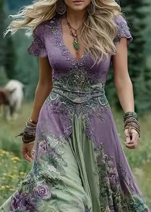 Vintage Green V Neck Print Patchwork Long Dresses Summer