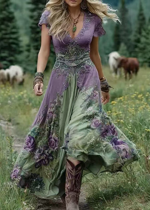 Vintage Green V Neck Print Patchwork Long Dresses Summer