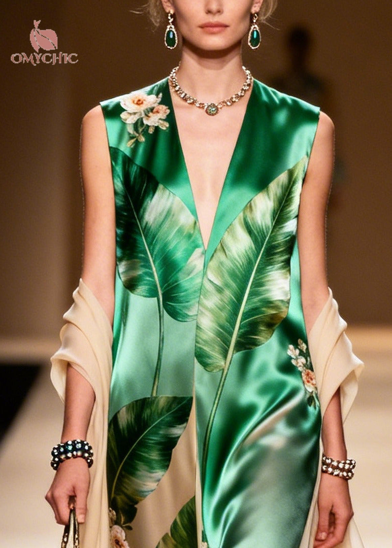 Tropical Floral Print Deep V-Neck Sleeveless Embroidered Cape Maxi Gown