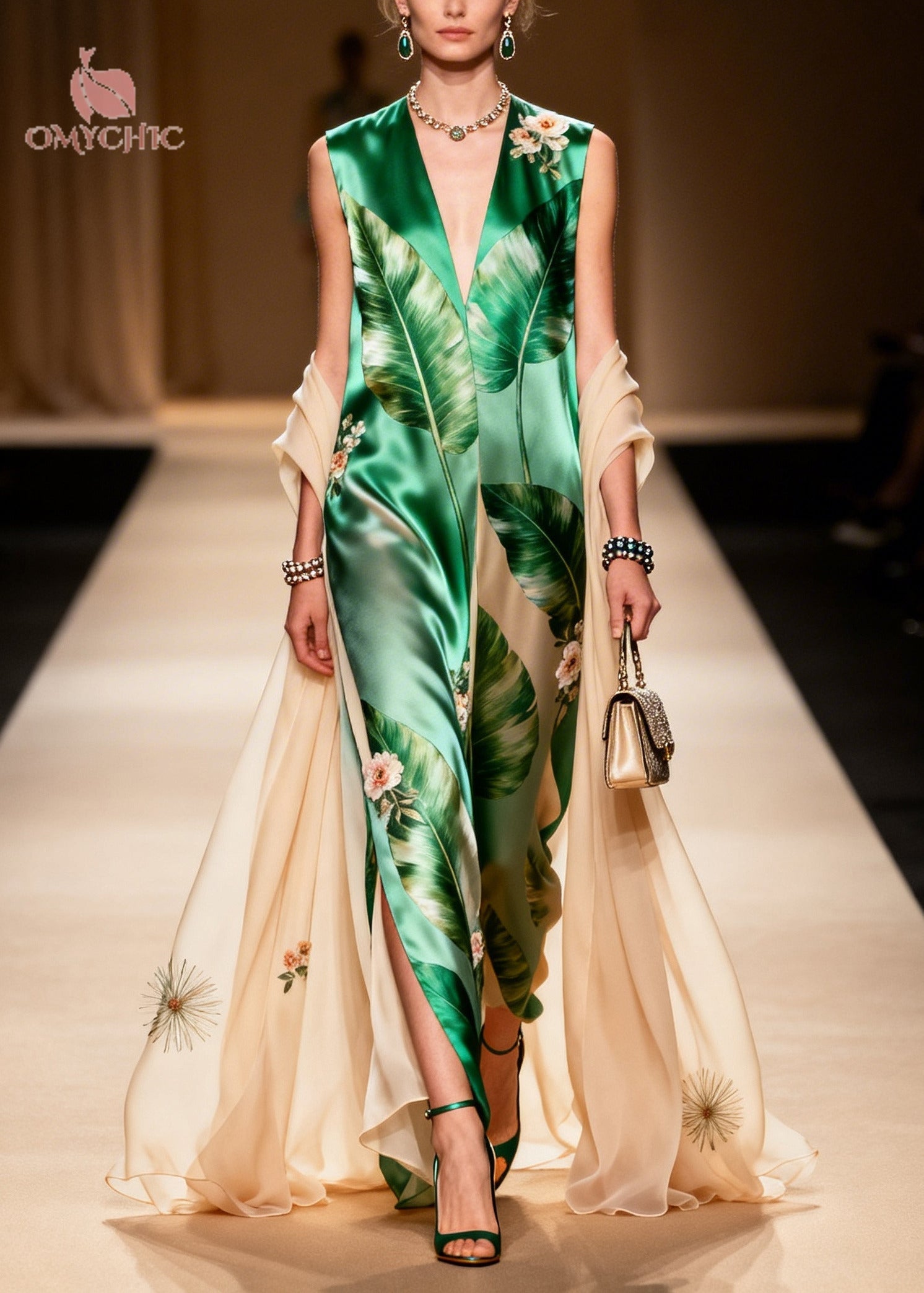 Tropical Floral Print Deep V-Neck Sleeveless Embroidered Cape Maxi Gown