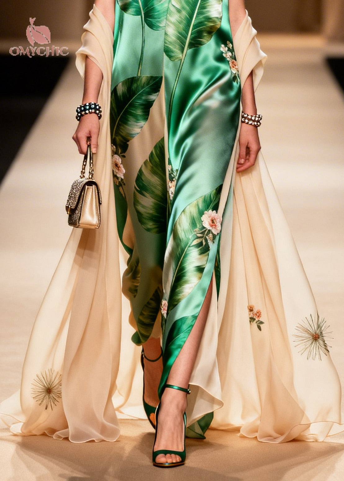 Tropical Floral Print Deep V-Neck Sleeveless Embroidered Cape Maxi Gown