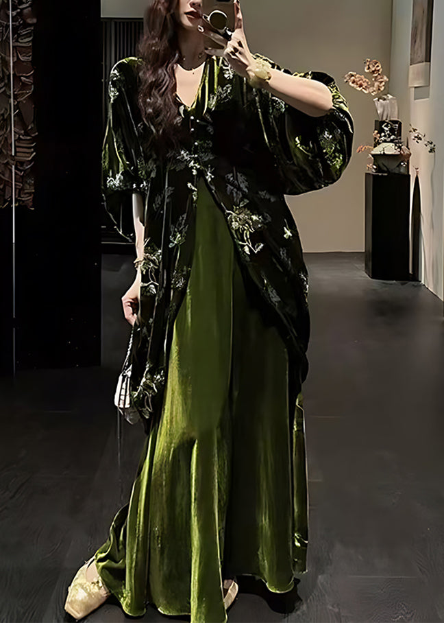 Floral Velvet V-Neck Batwing Sleeve Coat and Maxi Slip Dress Two Piece Set