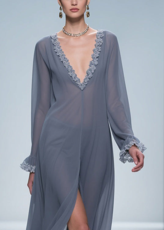 Chiffon Deep V-Neck Ruffle Cuff Lace Trim Center Slit Maxi Gown