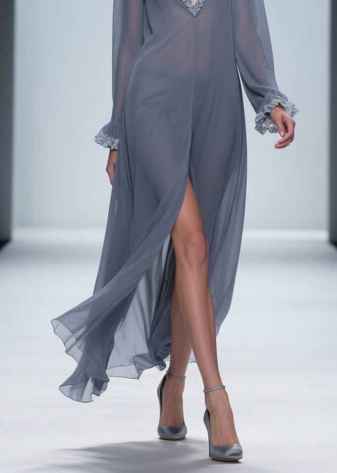 Chiffon Deep V-Neck Ruffle Cuff Lace Trim Center Slit Maxi Gown