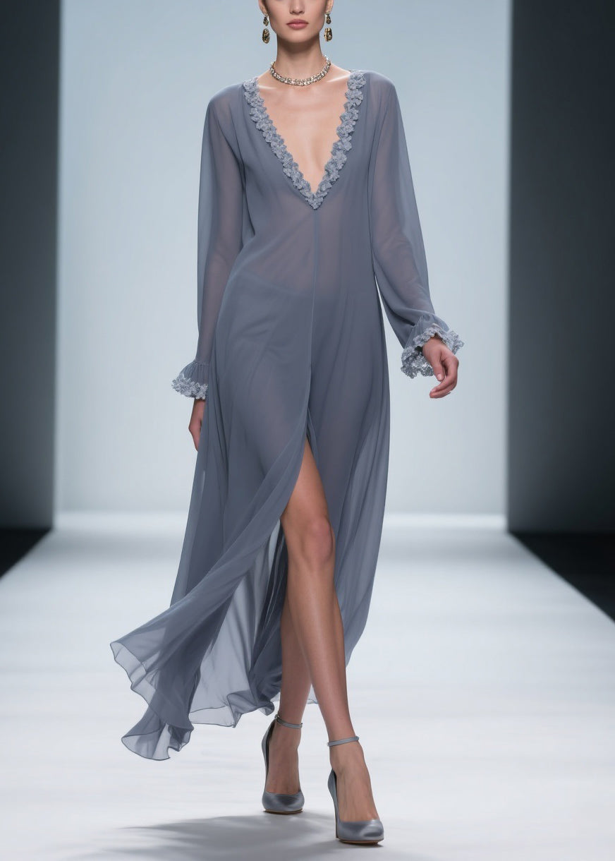 Chiffon Deep V-Neck Ruffle Cuff Lace Trim Center Slit Maxi Gown