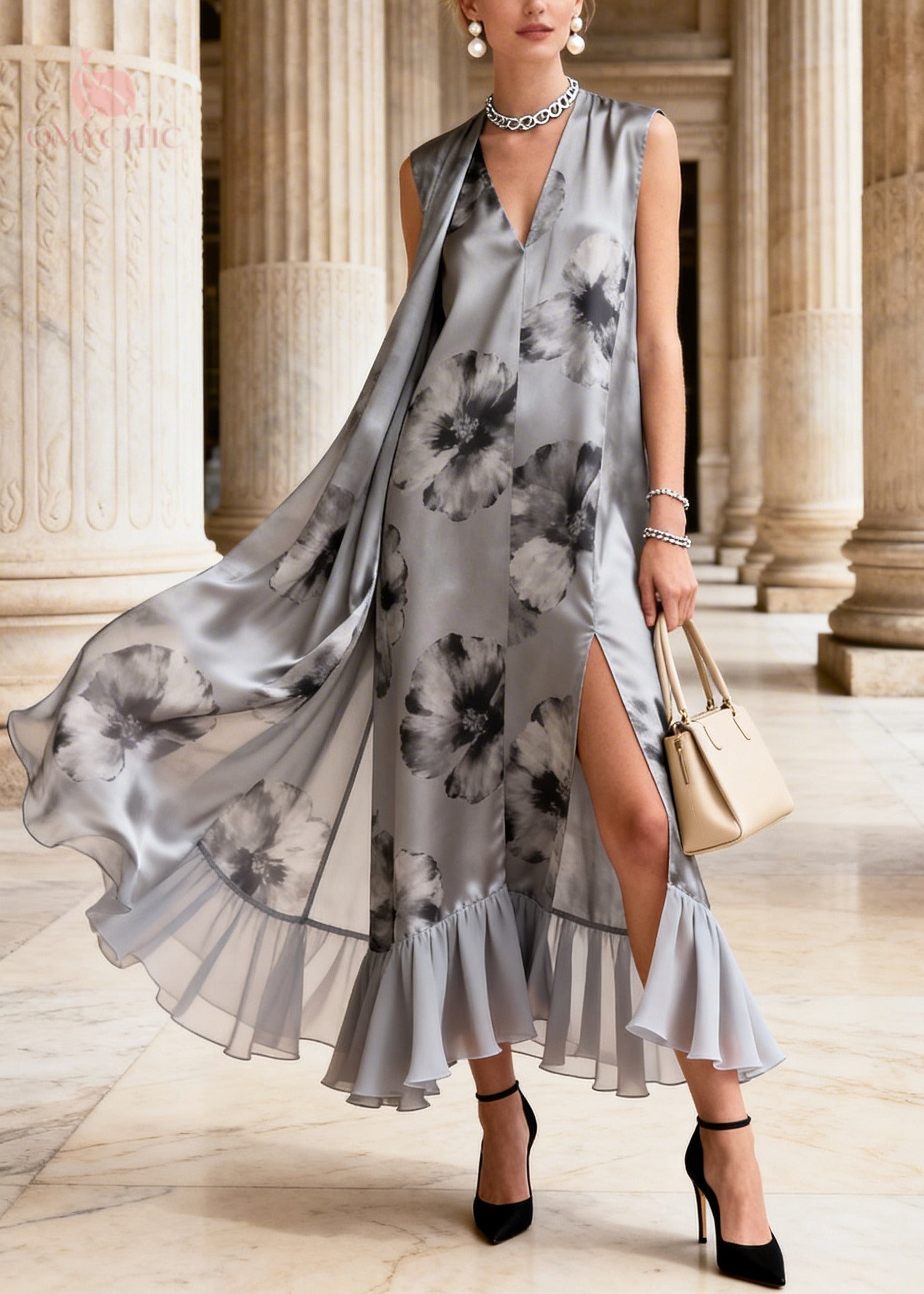 Monochrome Floral Deep V-Neck Sleeveless Shoulder Drape Ruffle Hem High Split Maxi Dress