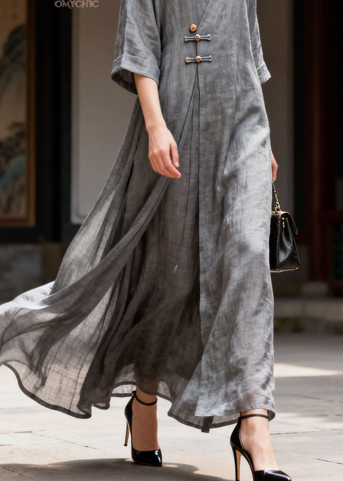 Vintage Grey V Neck Button Patchwork Cotton Long Dress Summer